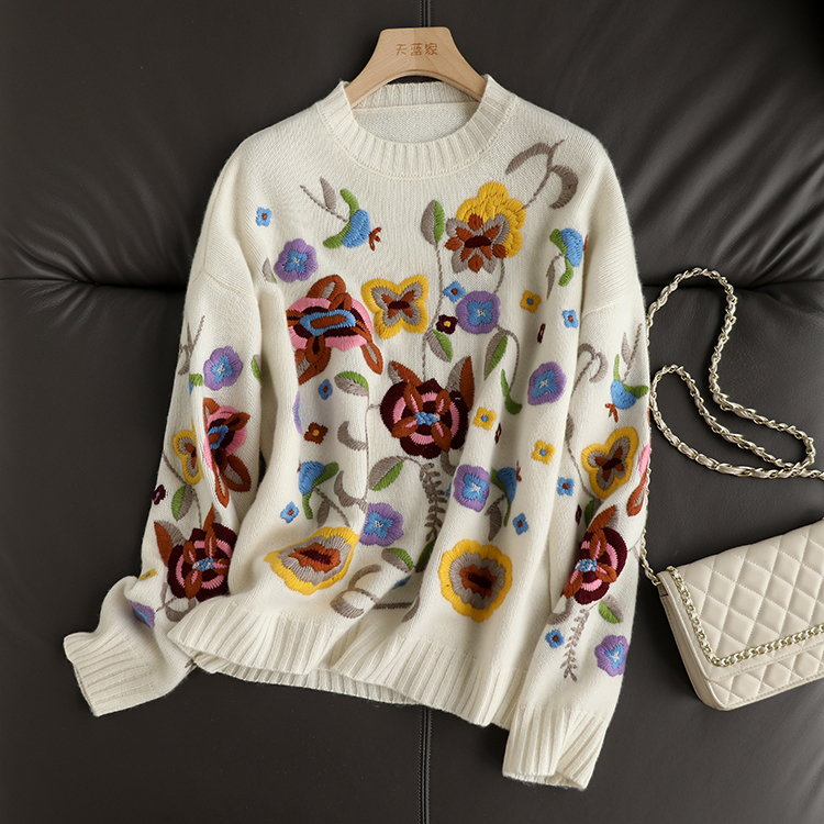 植絨刺繡~美如工藝品~植絨刺繡長袖毛衣女秋冬21新款
